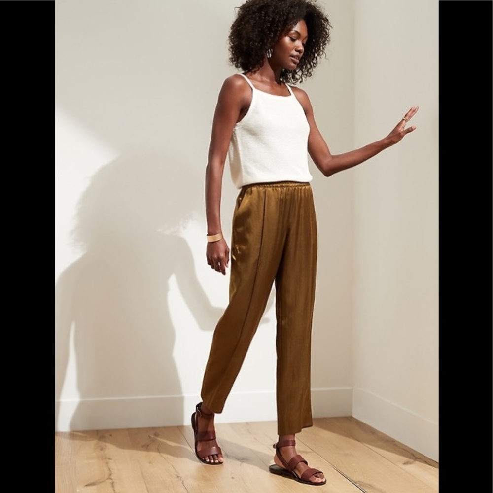 Banana Republic Slim Straight Satin Pants Trousers Ankle Mustard Gold M new nwt